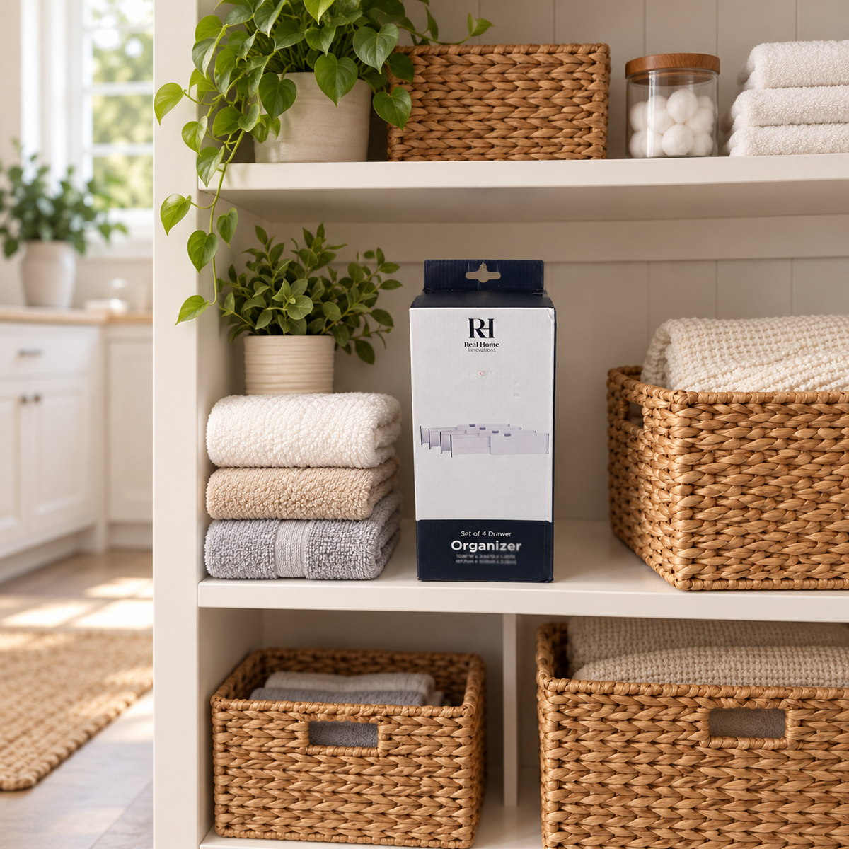 AI-generated lifestyle scene of one closed Real Home Innovations four-piece drawer organizer package on a linen shelf. Props not included.