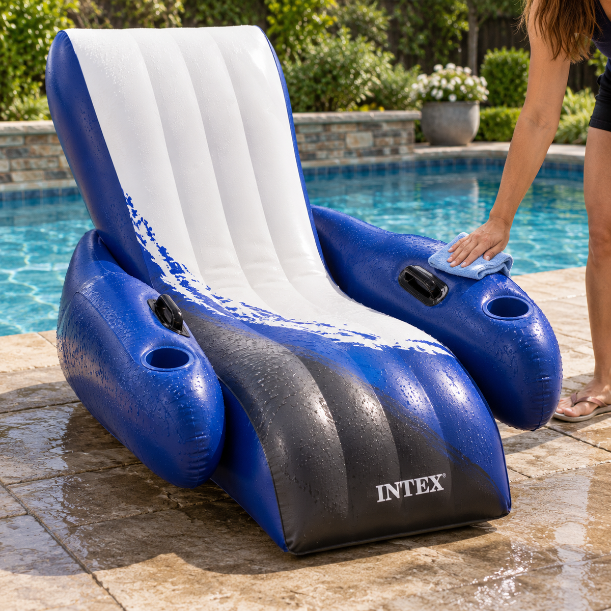 Wiping the blue armrest of an Intex Floating Recliner beside the pool