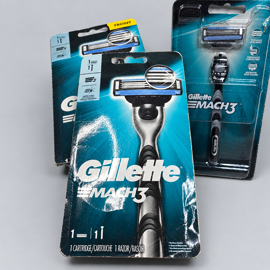 Close-up of three Gillette MACH3 Original retail packs showing the razor handles and three-blade cartridges
