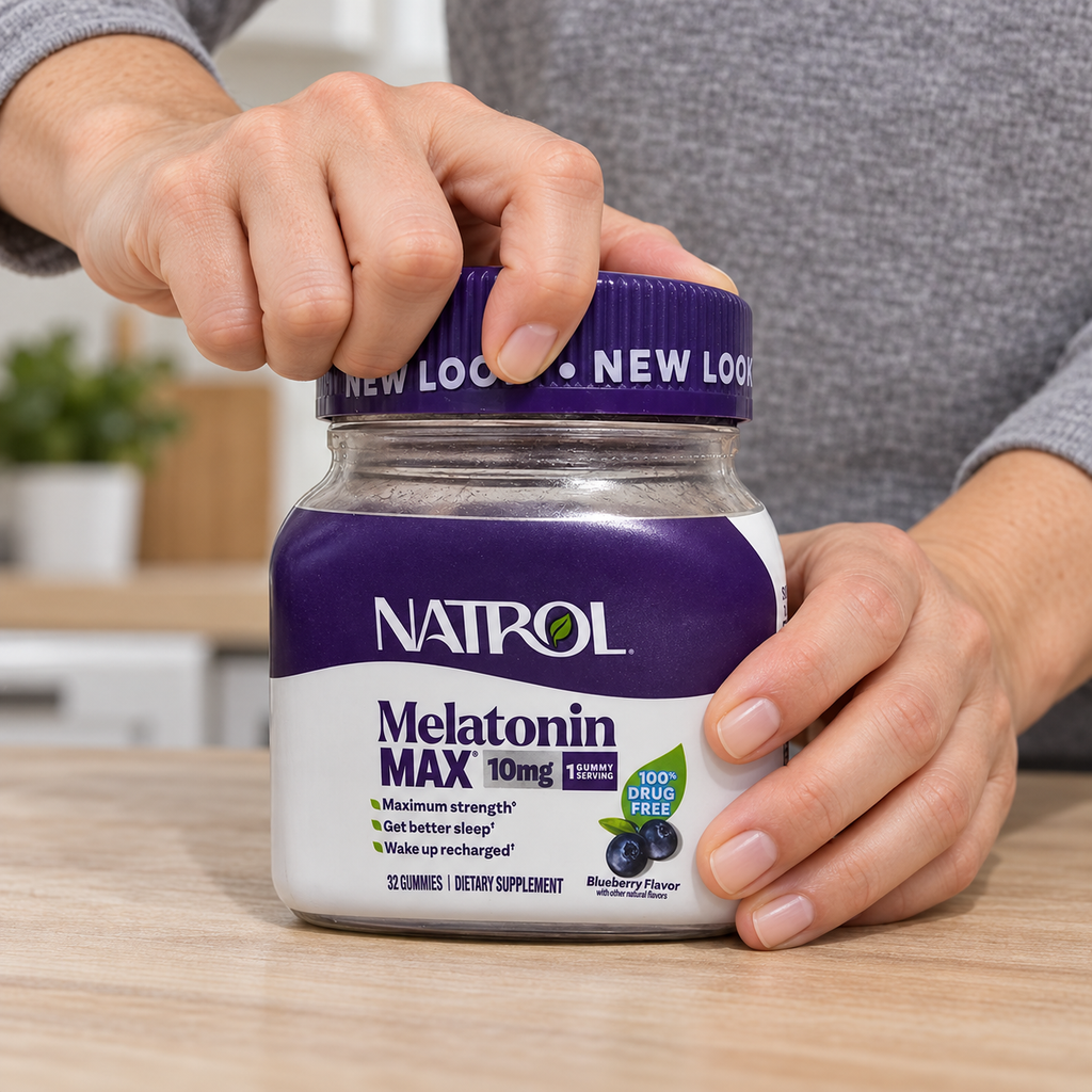 An adult beginning to unscrew the purple cap of a Natrol Melatonin MAX 10 mg Blueberry 32 Gummies bottle.