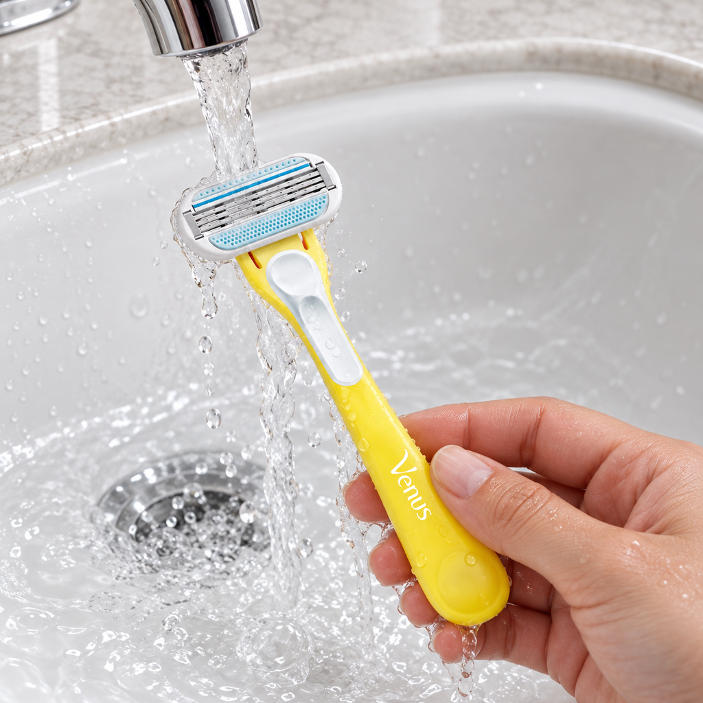 Adult rinsing a yellow Gillette Venus Tropical disposable razor under running water.