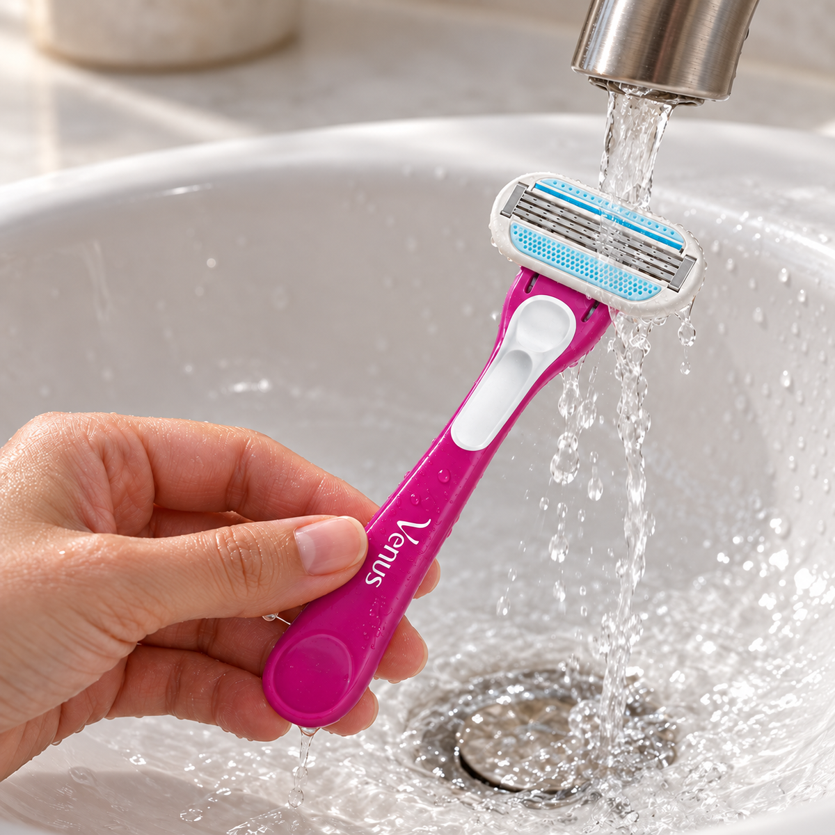 Adult rinsing a magenta Gillette Venus Tropical disposable razor under running water.