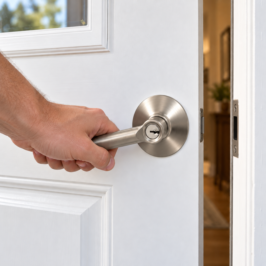 Adult pressing a Schlage Broadway satin nickel keyed-entry lever to open a white door