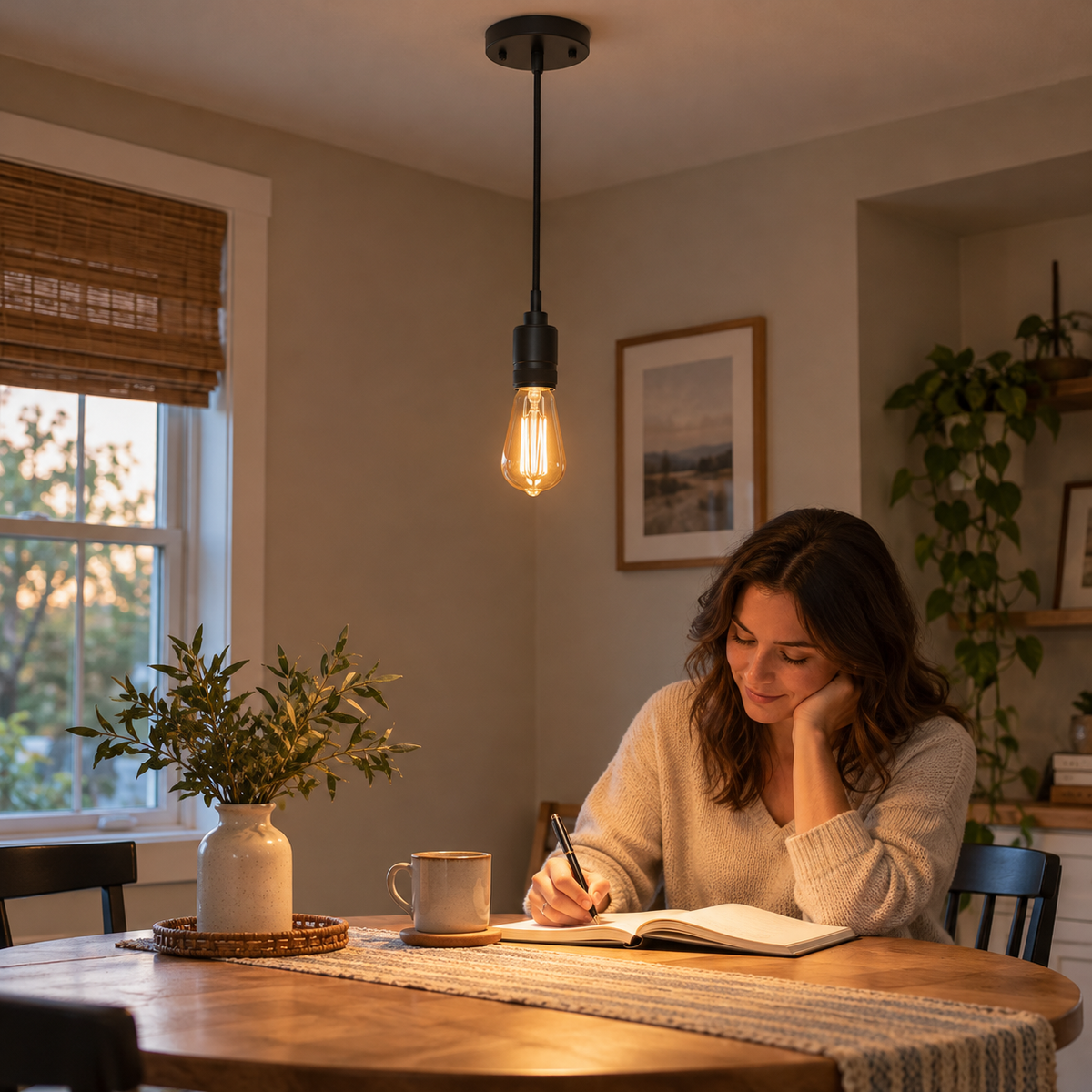 Adult writing beneath an installed Feit Electric PN/BLK black pendant light; bulb shown sold separately.