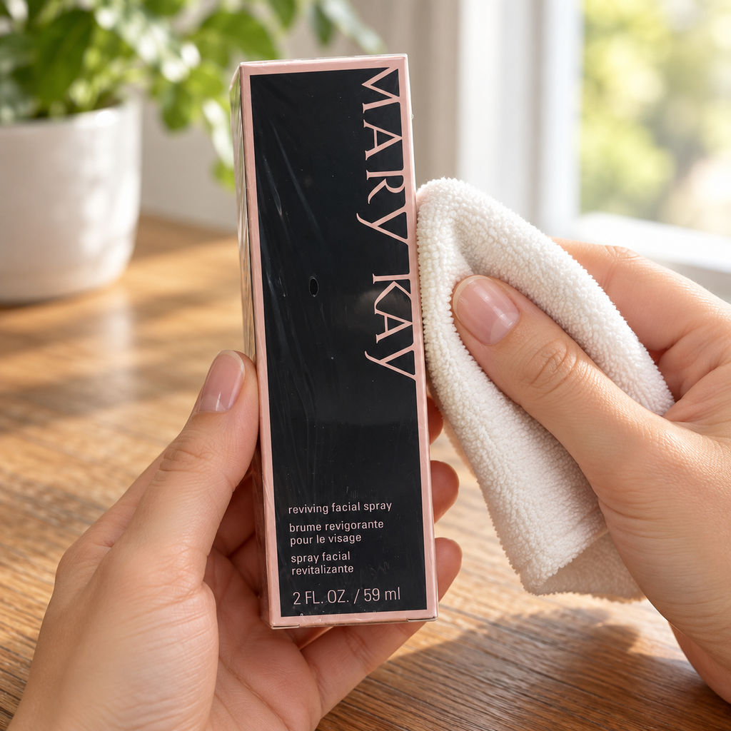 Wiping the outside of the wrapped Mary Kay Reviving Facial Spray carton