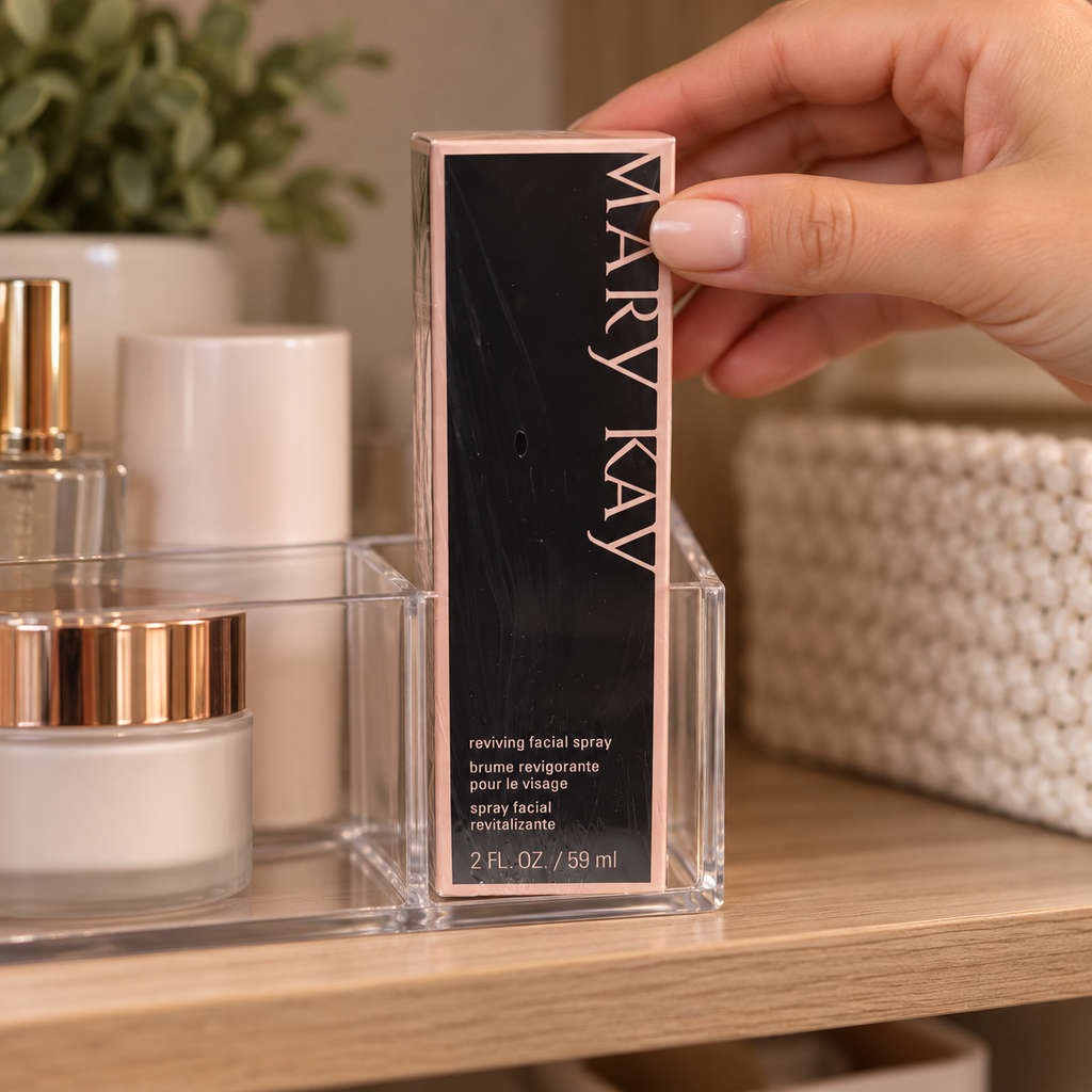 Placing boxed Mary Kay Reviving Facial Spray upright in a shelf organizer