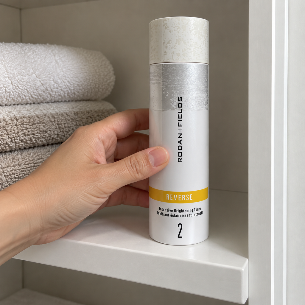Placing the capped Rodan + Fields REVERSE toner bottle on a bathroom cabinet shelf