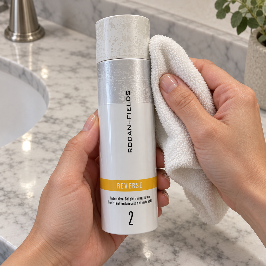 Wiping the outside of a capped Rodan + Fields REVERSE toner bottle with a soft cloth