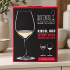 AI-generated lifestyle scene of one closed Riedel 003 White Wine Champagne Glass two-piece box on a cabinet shelf. Props not included.