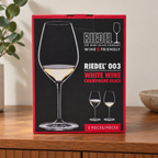 AI-generated lifestyle scene of one closed Riedel 003 White Wine Champagne Glass two-piece box on a sideboard. Props not included.