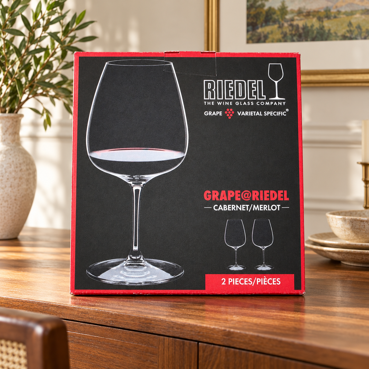AI-generated lifestyle scene of one closed GRAPE@RIEDEL Cabernet/Merlot two-piece glass box in a sideboard setting. Props not included.