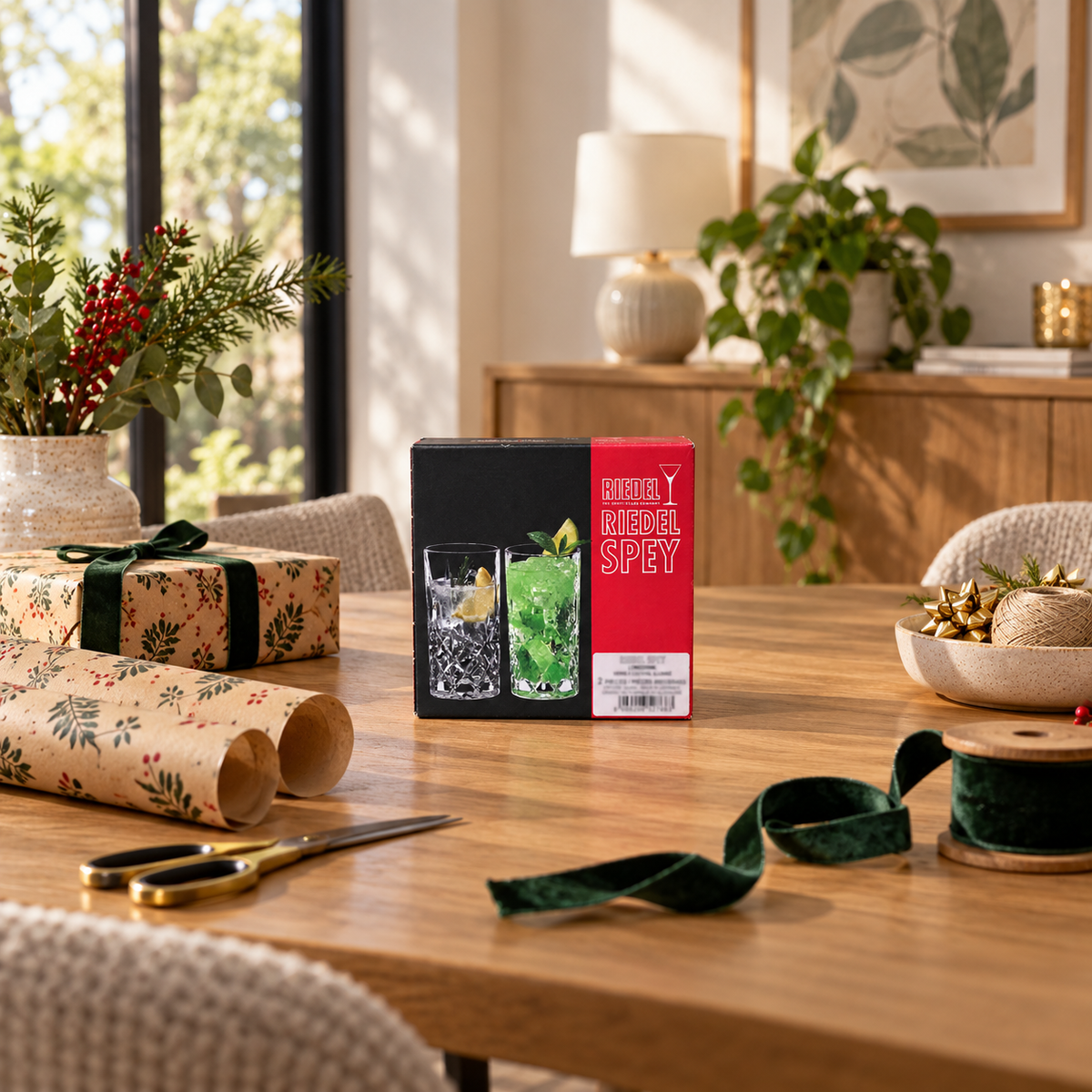 AI-generated lifestyle scene of one closed Riedel Spey Longdrink two-piece glass box on a gift bench. Props not included.