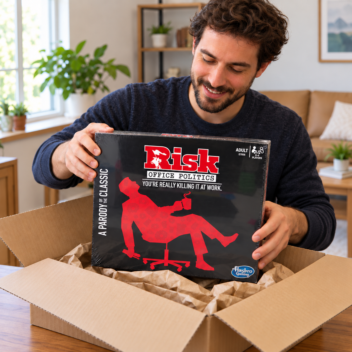 AI-assisted context: receiving one closed Risk Office Politics game from a delivery carton