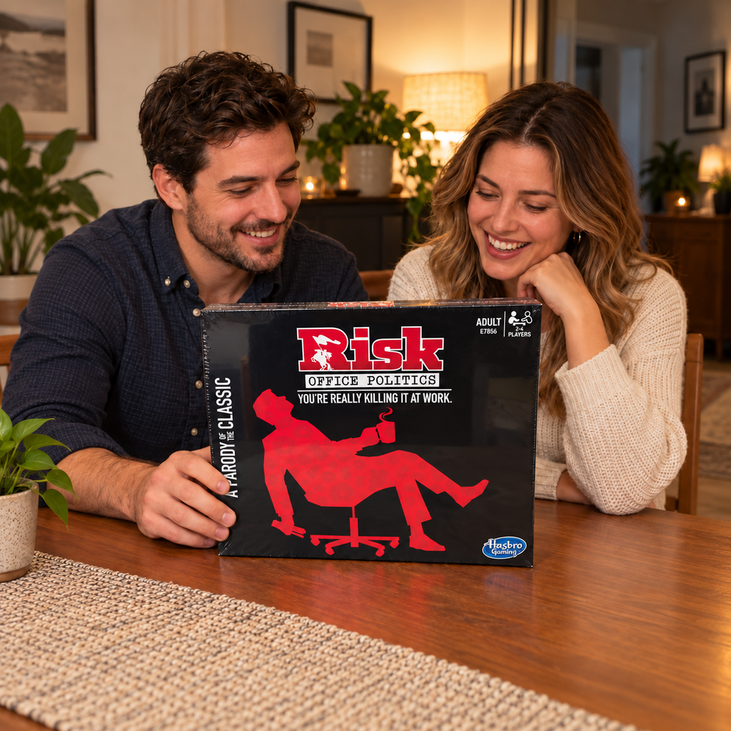 AI-assisted context: adults choosing the closed Risk Office Politics game for game night; no gameplay shown