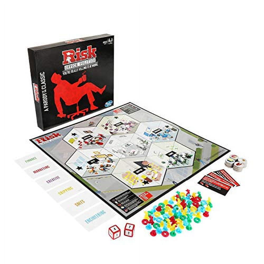 Risk Office Politics game box with the office game board, colorful pawns, cards, tokens and two dice