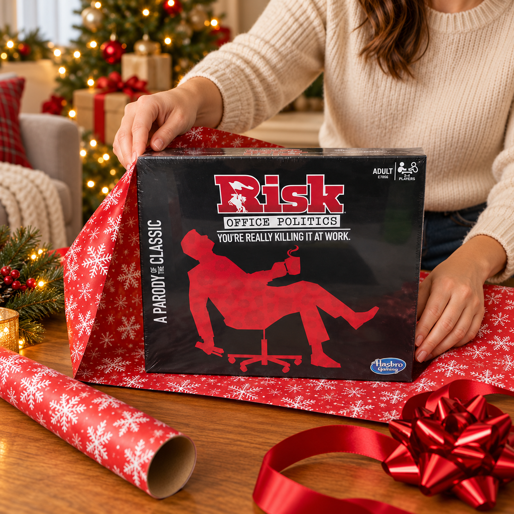 AI-assisted context: wrapping one closed Risk Office Politics game as a gift; wrapping props not included