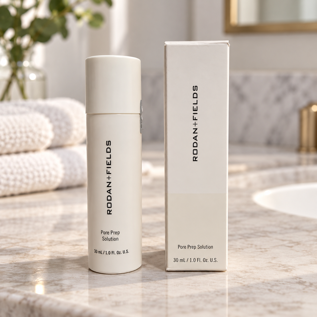 Rodan + Fields Pore Prep 30 mL bottle and box in a styled setting 1