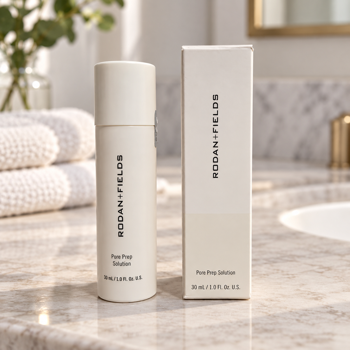 Rodan + Fields Pore Prep 30 mL bottle and box in a styled setting 1