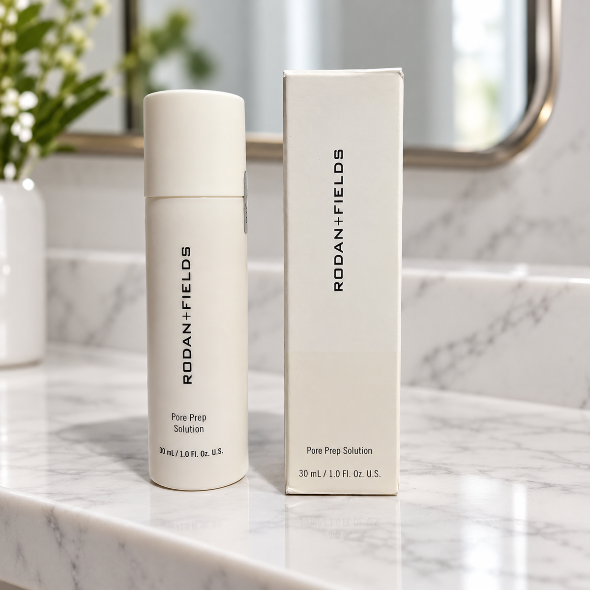 Rodan + Fields Pore Prep 30 mL bottle and box in a styled setting 3