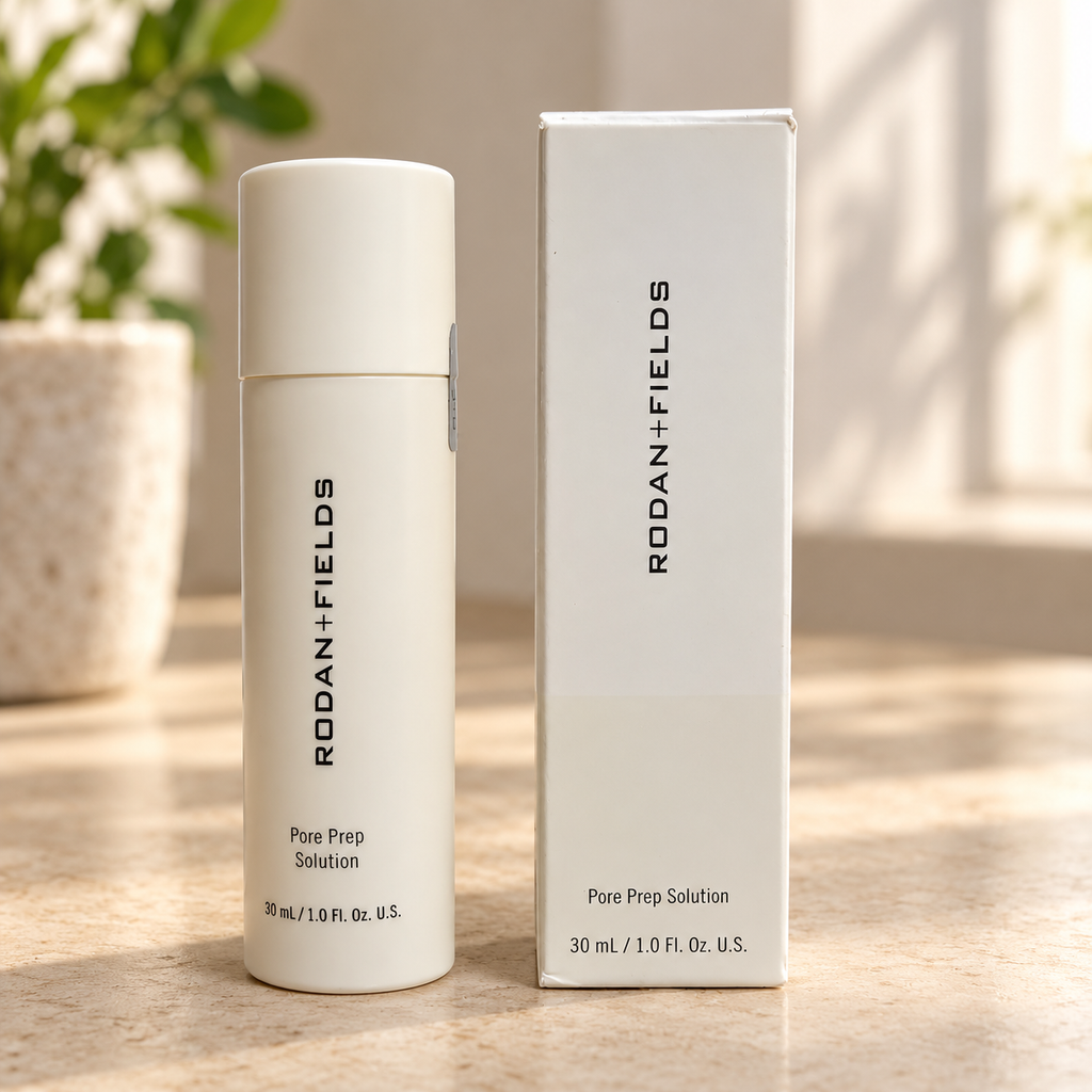 Rodan + Fields Pore Prep 30 mL bottle and box in a styled setting 4