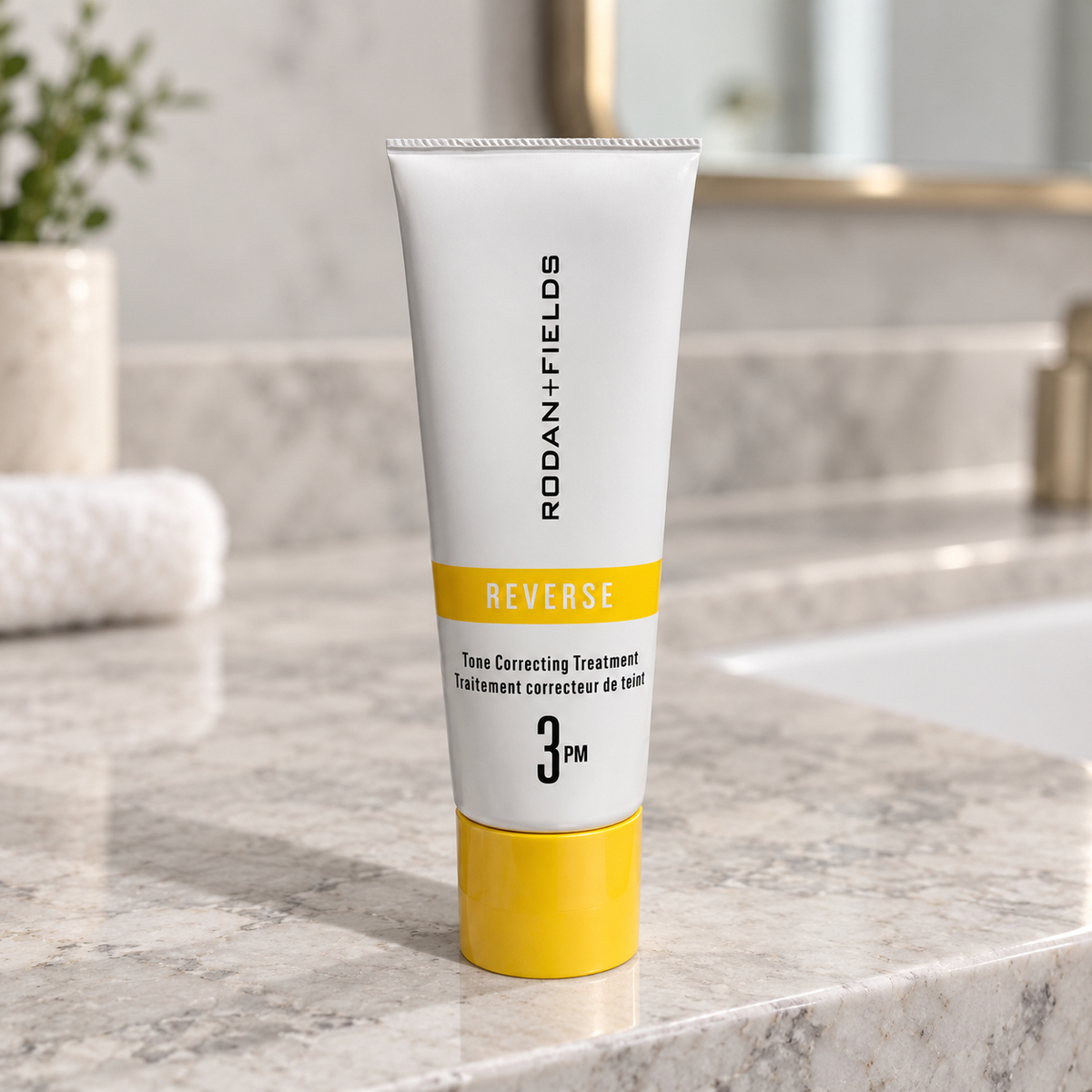 One Rodan + Fields REVERSE 3 PM tube in a styled vanity setting 3