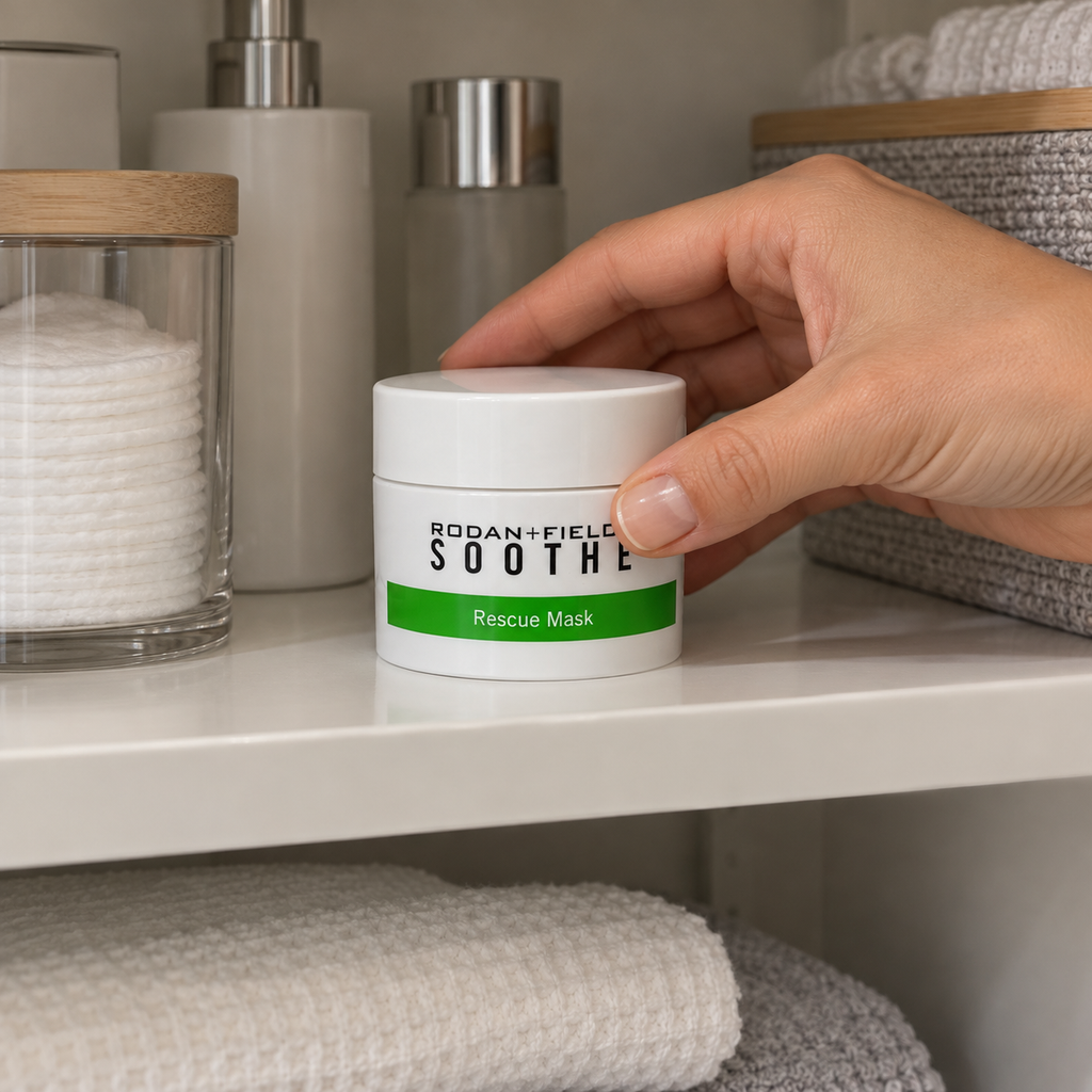 Placing a closed SOOTHE Rescue Mask jar on a bathroom cupboard shelf