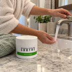 Closed SOOTHE Rescue Mask jar beside a sink while a hand turns on the water