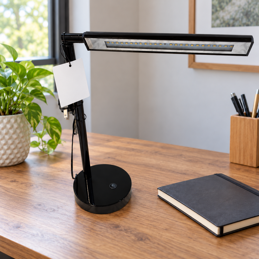 AI-generated lifestyle illustration of an unlit black Room and Retreat LED desk lamp in an office desk setting. Tag reverse shown; props not included.