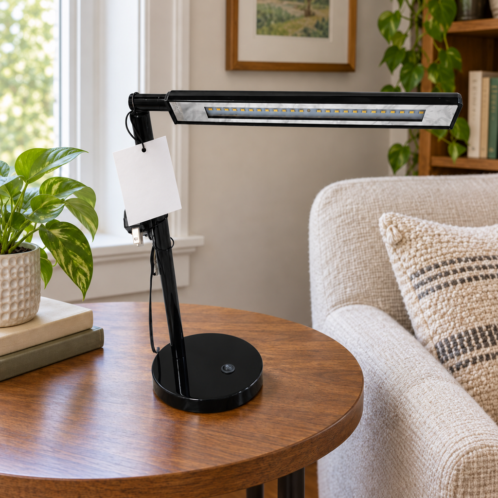AI-generated lifestyle illustration of an unlit black Room and Retreat LED desk lamp in a reading table setting. Tag reverse shown; props not included.