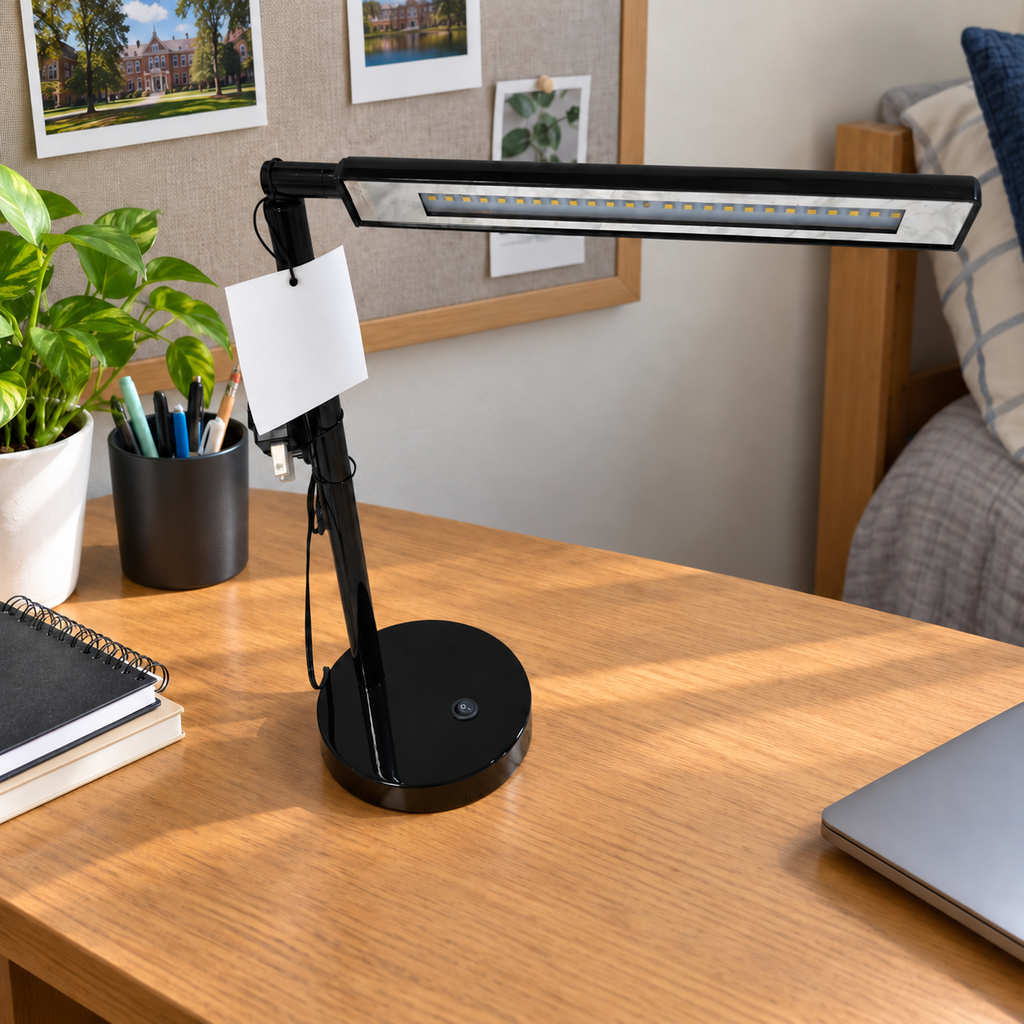 AI-generated lifestyle illustration of an unlit black Room and Retreat LED desk lamp in a study desk setting. Tag reverse shown; props not included.