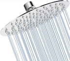 Illustrated spray view of the round chrome-look shower head.