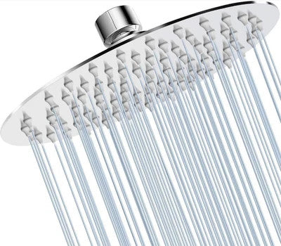 Illustrated spray view of the round chrome-look shower head.