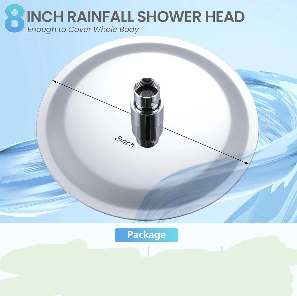 Rear view illustration showing the 8-inch shower head diameter.