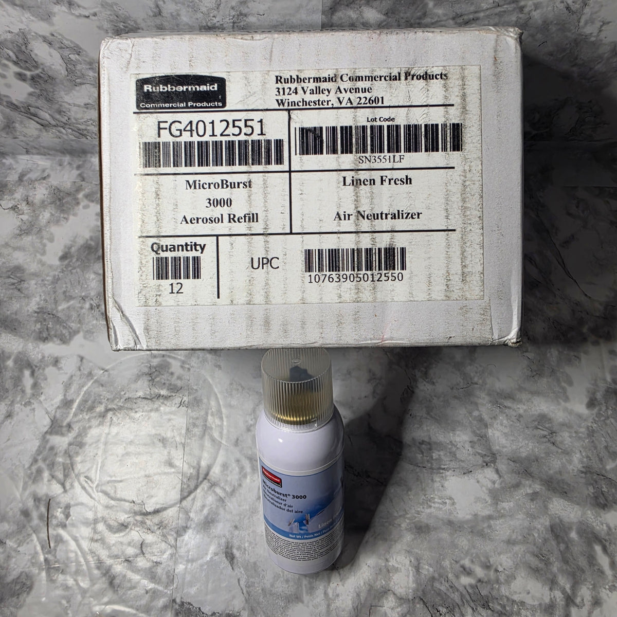 Actual stocked Rubbermaid Commercial Microburst 3000 Linen Fresh refill case of 12