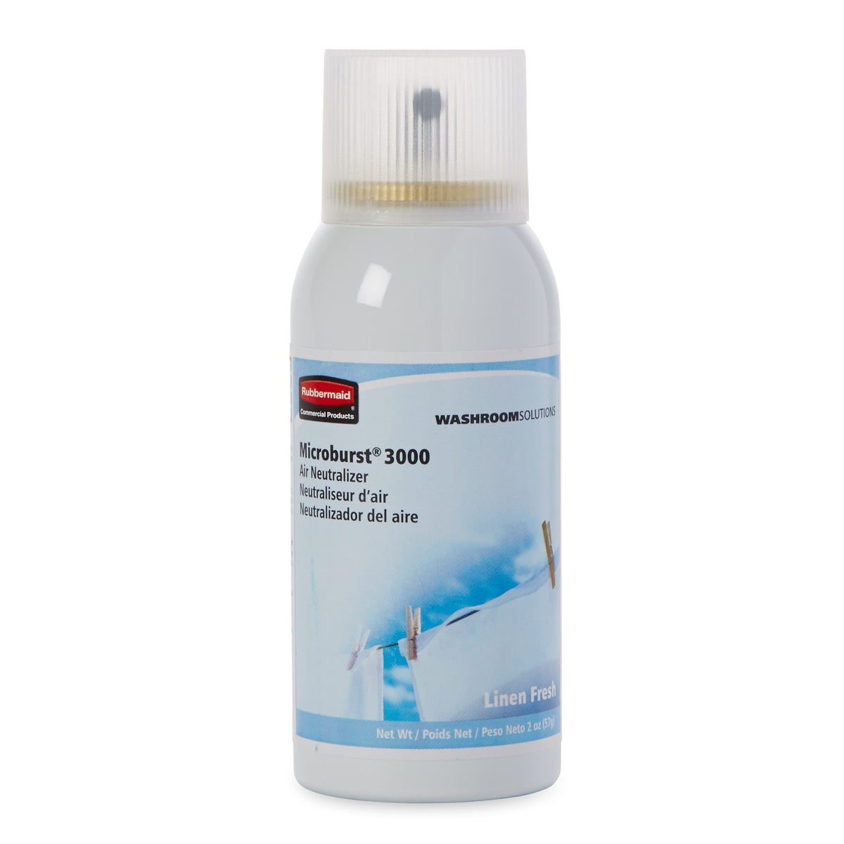 Manufacturer reference photo of the Rubbermaid Microburst 3000 Linen Fresh 2 oz refill can