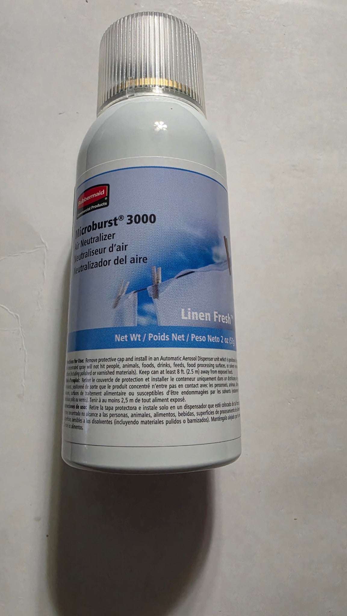 Actual Rubbermaid Microburst 3000 Linen Fresh refill can showing full front label and use directions