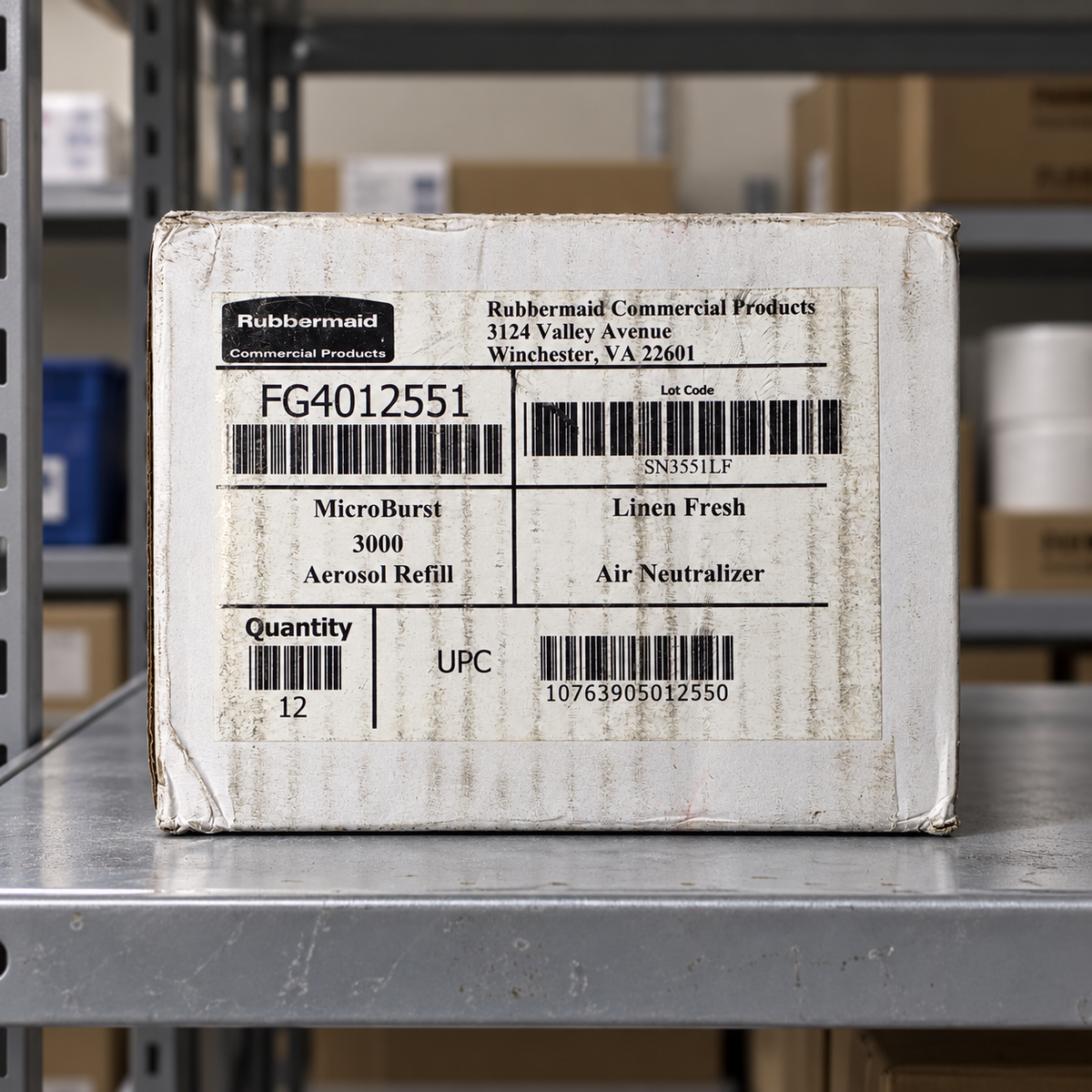 AI-generated lifestyle illustration of the closed Rubbermaid MicroBurst 3000 Linen Fresh refill case on a supply shelf; background props not included.