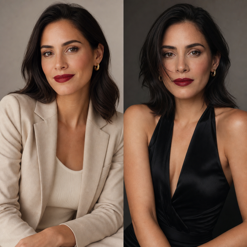 AI-generated day-to-evening ruby lip styling inspiration — not the actual product