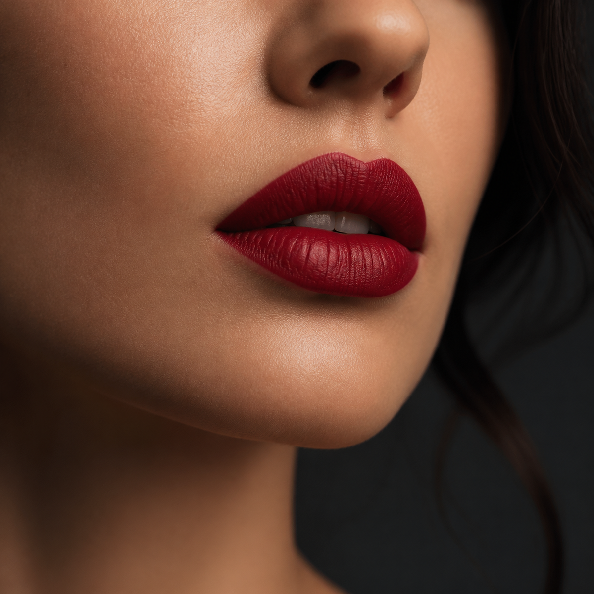 AI-generated deep ruby lip styling inspiration — not the actual product