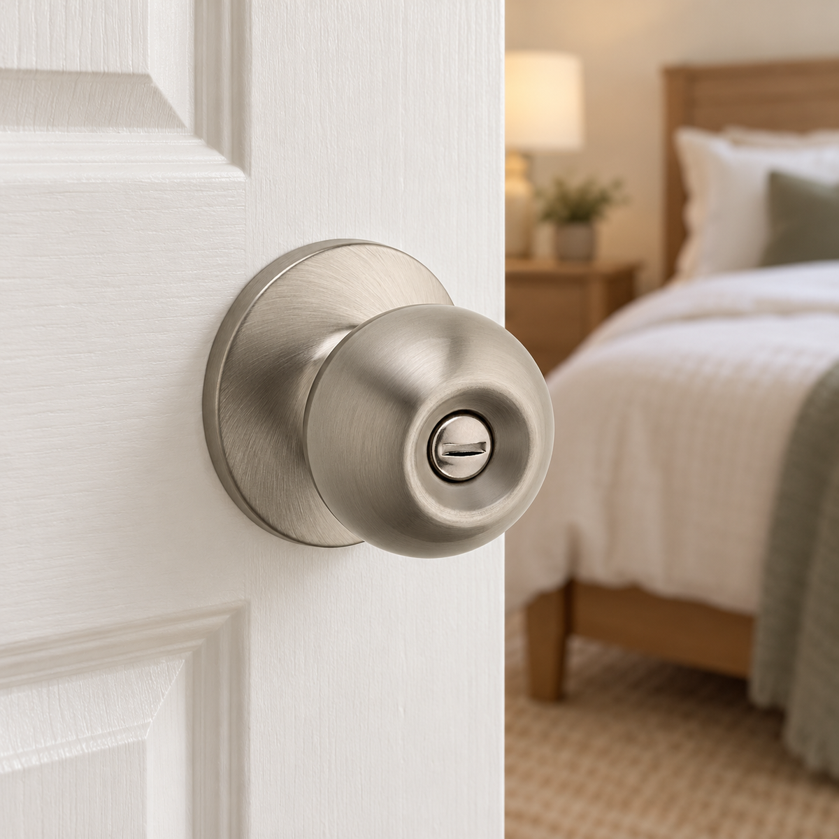 Safe Lock by Kwikset Regina Satin Nickel privacy knob on a white bedroom door, lifestyle illustration