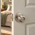 Kwikset Regina privacy knob with round rose on an open bedroom door, lifestyle illustration