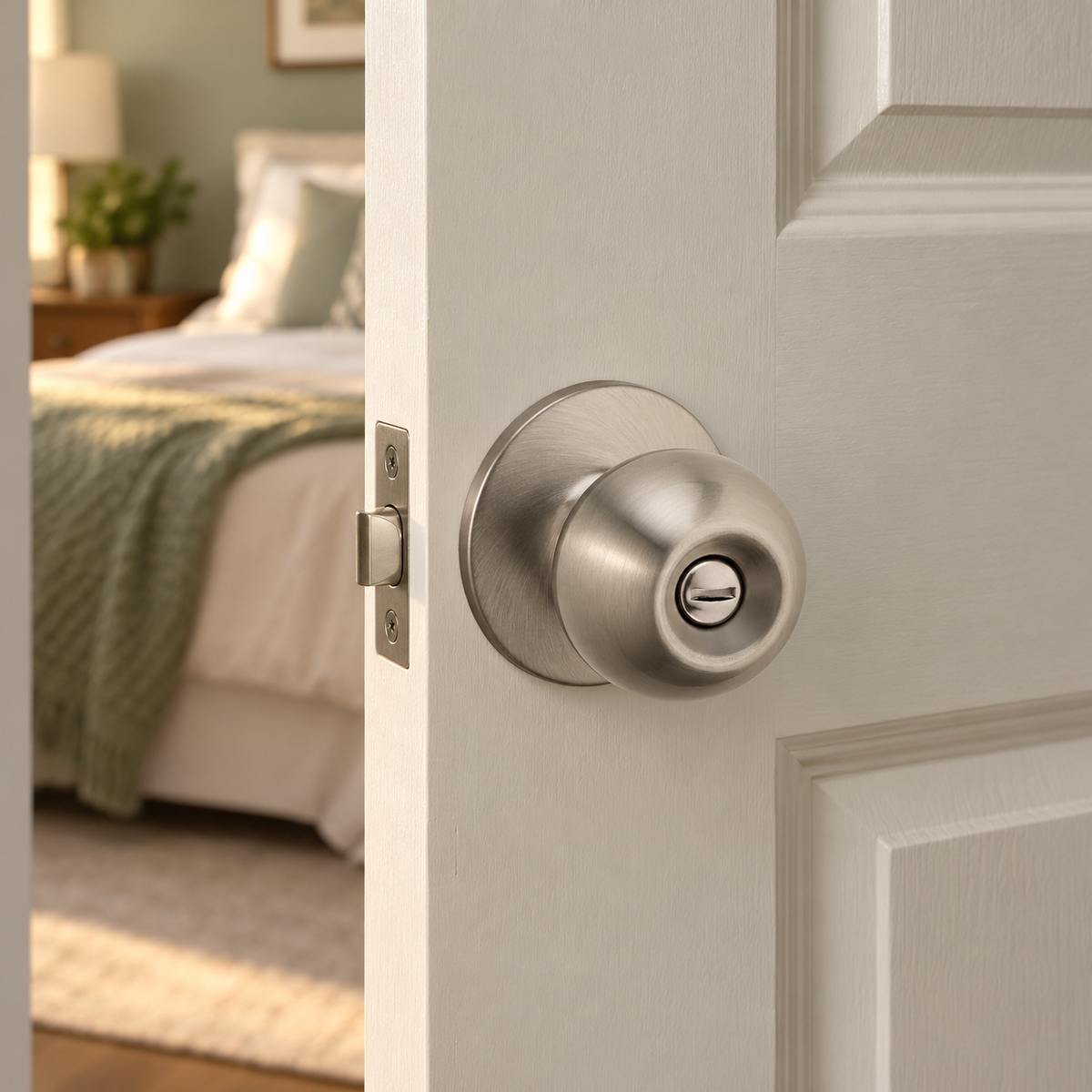 Kwikset Regina privacy knob with round rose on an open bedroom door, lifestyle illustration