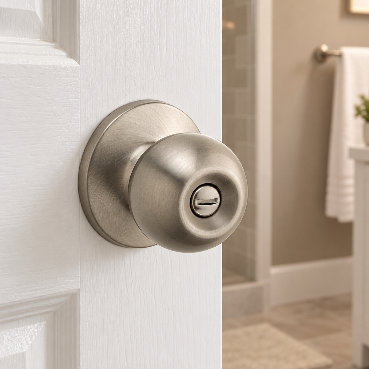 Safe Lock Regina Satin Nickel privacy knob on a guest bathroom door, lifestyle illustration