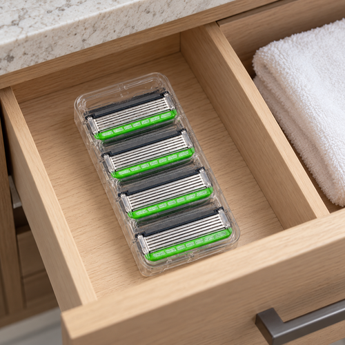 One clear tray of four green Schick Hydro 5 refill cartridges stored in a bathroom drawer