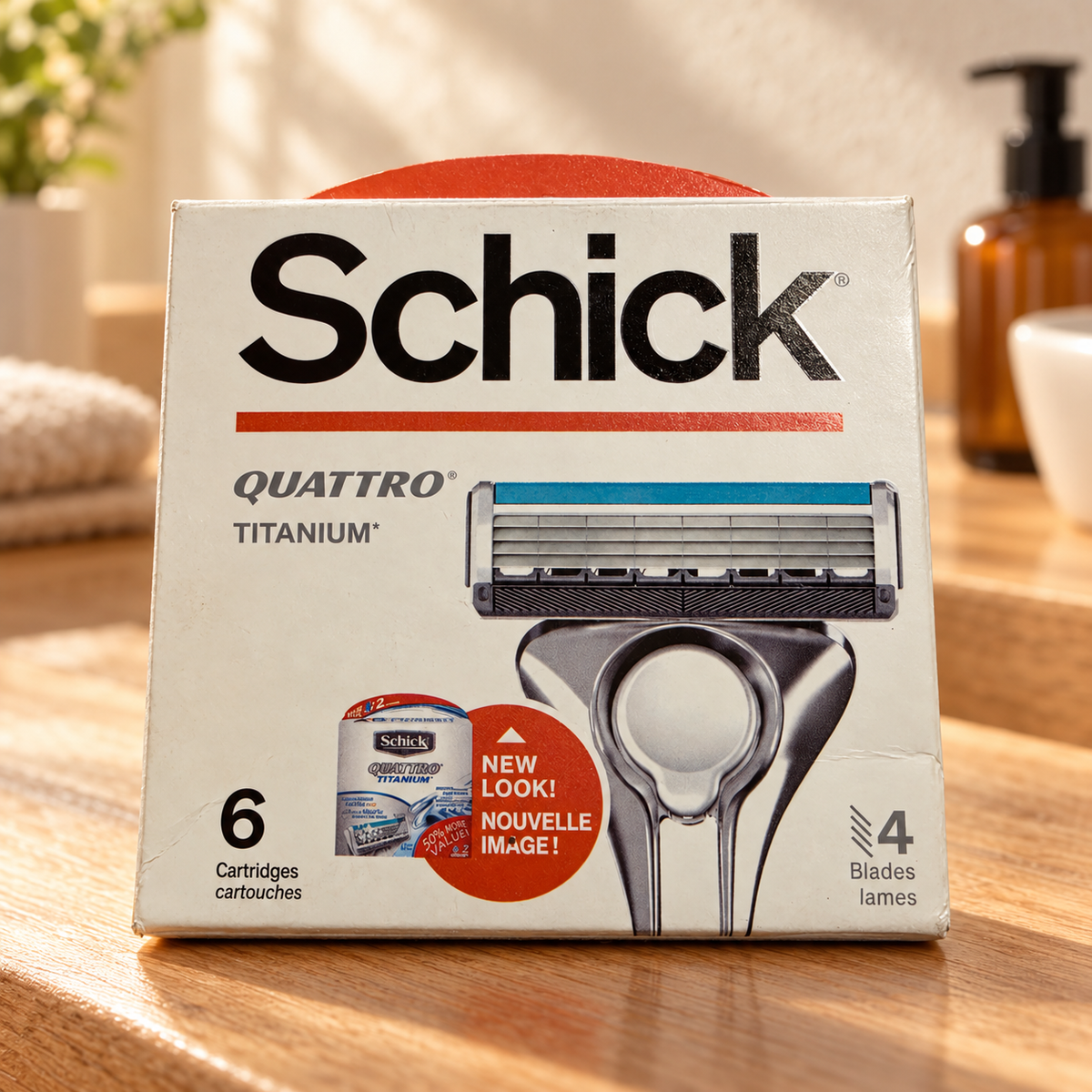 Illustrative lifestyle view of one Schick Quattro Titanium six-cartridge refill box on a warm oak bathroom vanity