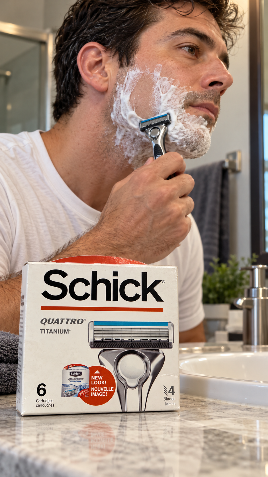 Schick Quattro Titanium refills beside a sink during an adult's shaving routine.