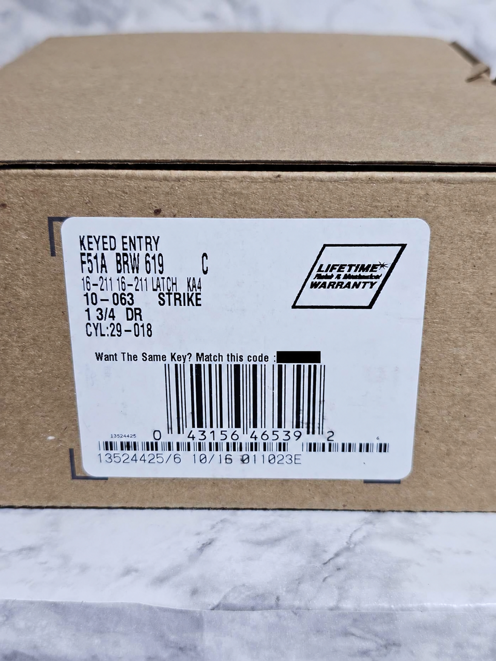 Schlage Broadway F51A BRW 619 box label with keying-match code covered
