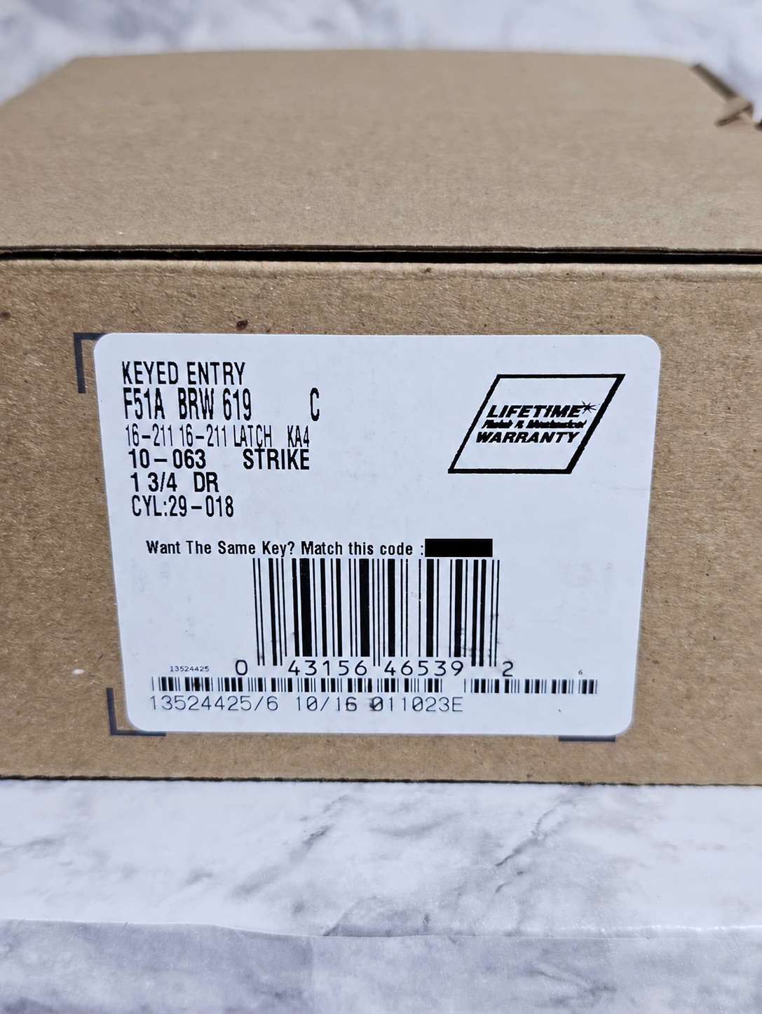 Schlage Broadway F51A BRW 619 box label with keying-match code covered