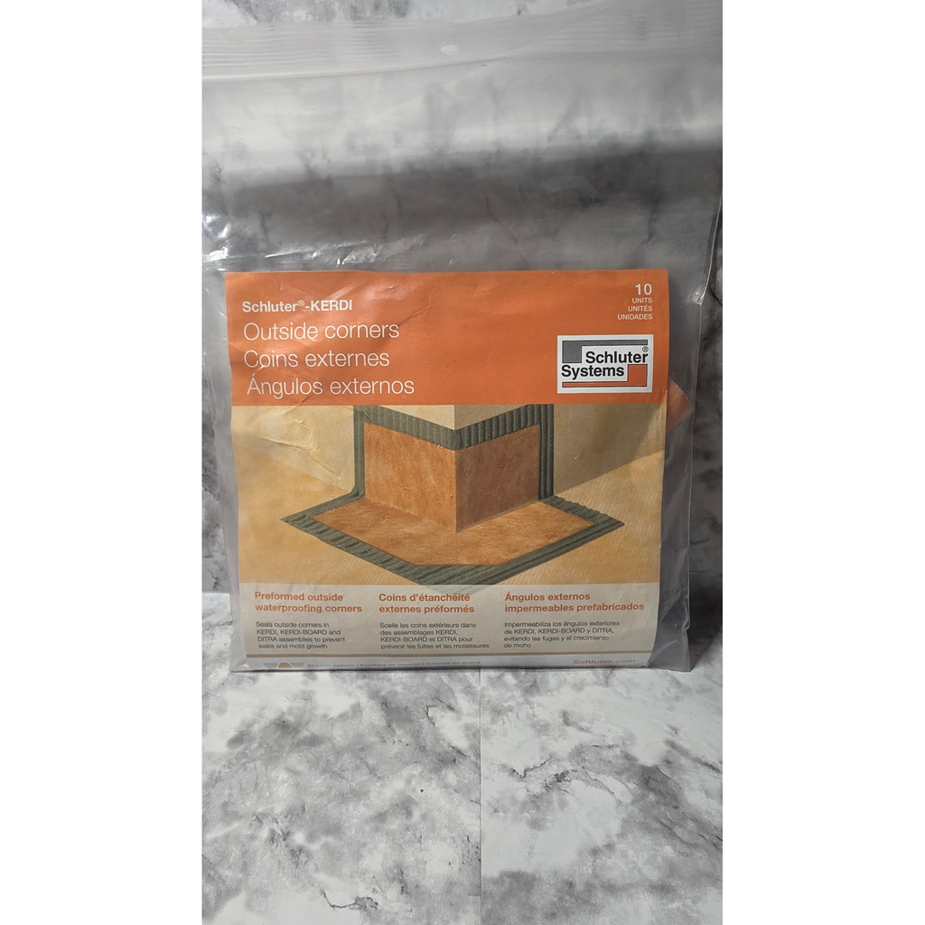 Actual Schluter-KERDI outside waterproofing corners 10-pack in original packaging, front label