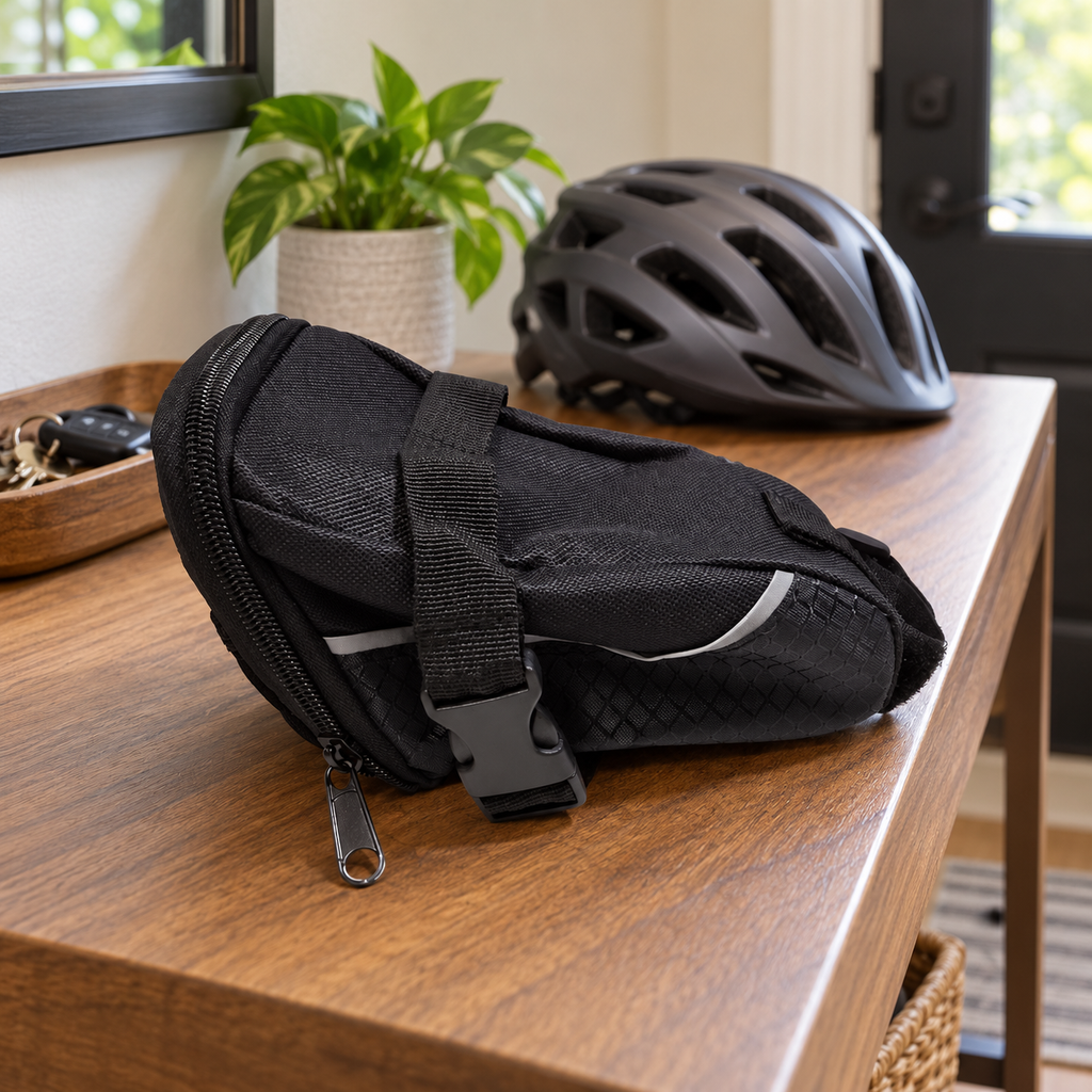 AI-generated lifestyle illustration of the closed unmounted black Schwinn seat pack on an entry console; background props not included.
